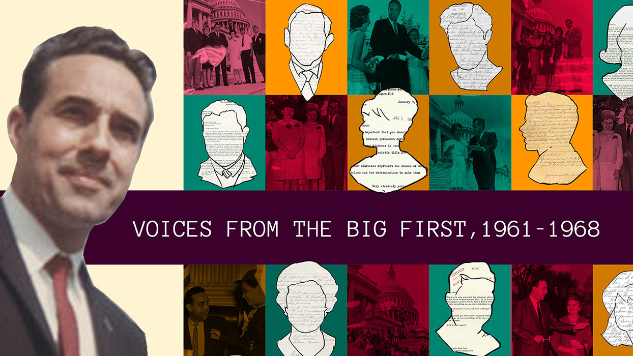 exhibit banner shows a cut out of Bob Dole from a photograph, circa 1960s. To his right are a montage of colorized photographs and images of archival documents cut out in the shape of heads. The banner text reads 'Voices from the Big First, 1961-1968. The text is in white over a purple band that segments the images. 