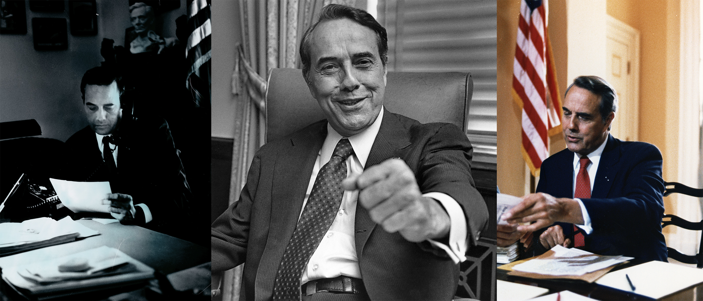 Bob Dole holding a paper with a phone to his ear, Bob Dole with his fist in the air, Bob Dole holding a paper
