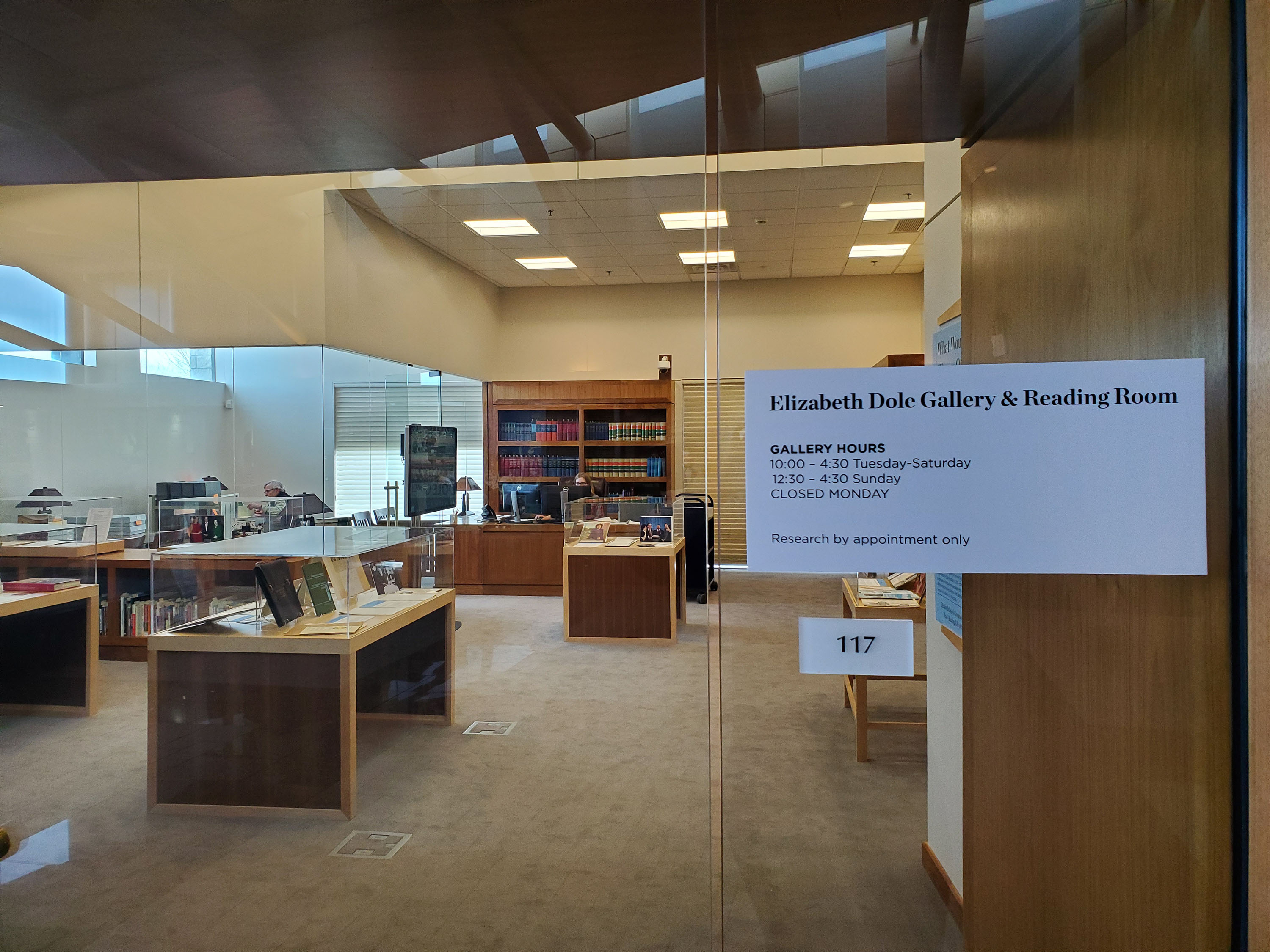 A view of the Elizabeth Dole Gallery & Reading Room from the glass doors