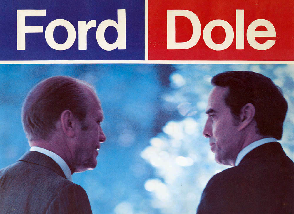 "Exhibit banner image for the From State to Nation: Dole for Vice President, 1976 exhibit. White text on blue background, 'Ford.' White text on red background, 'Dole.' Color photo below text of President Gerald Ford and Senator Robert Dole talking while backs are turned from the camera."