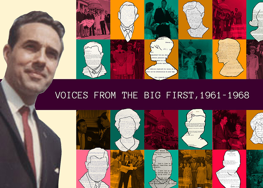 Young Bob Dole smiling next to montage of smaller face icons with archival document text. Reads 'Voices from the Big First, 1961 - 1968'