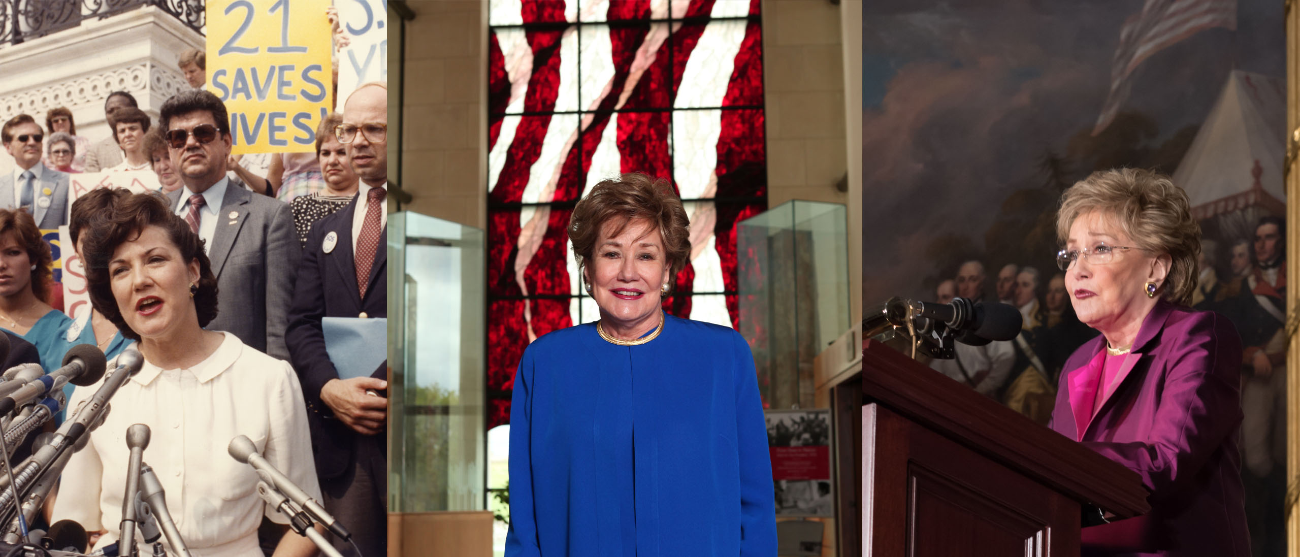 young Elizabeth Dole speaking into many microphones, Elizabeth Dole standing inside the Dole Institute, Elizabeth Dole speaking at a podium in the United States Capitol